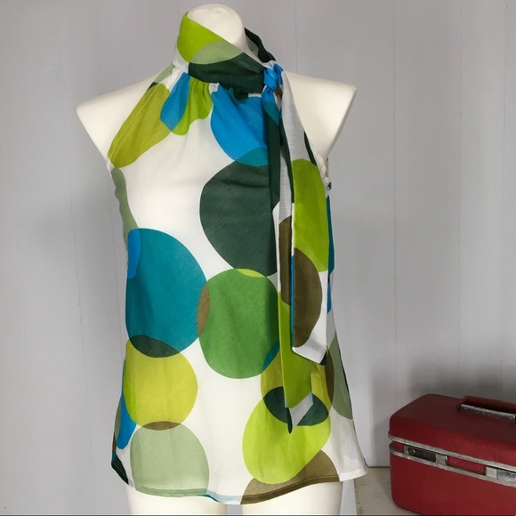 Lovely Day Tops - Lovely Day Top Retro Look Scarf Neck Grn/Blue M